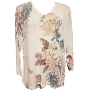 J. Jill Sweater Womens M Floral Lagenlook Linen Blend Off White Pullover Top